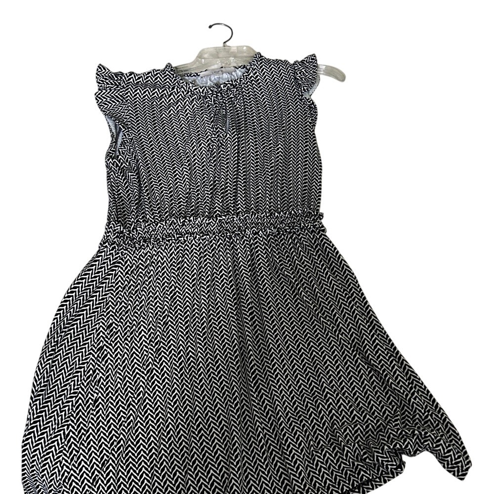 LOFT Black White‎ Chevron Print Smocked Waist Ruffle Sleeve Midi Dress Women's M